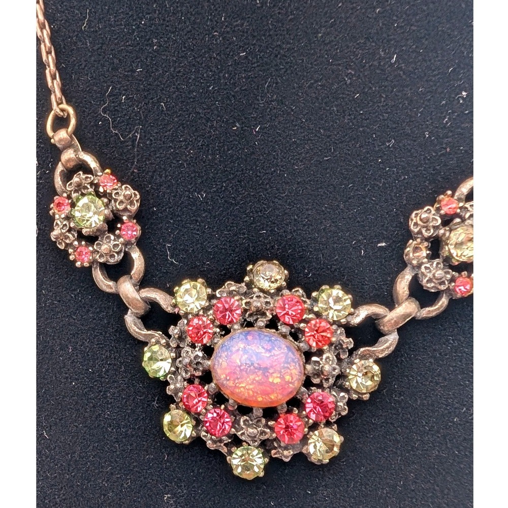 Vintage Coro Faux Opal Rhinestone Necklace Pink Green Floral Silver Tone Retro - Picture 3 of 8
